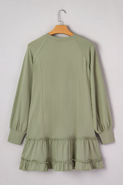Laurel Green Jacquard Frilled Ruffled Long Sleeve Mini Dress