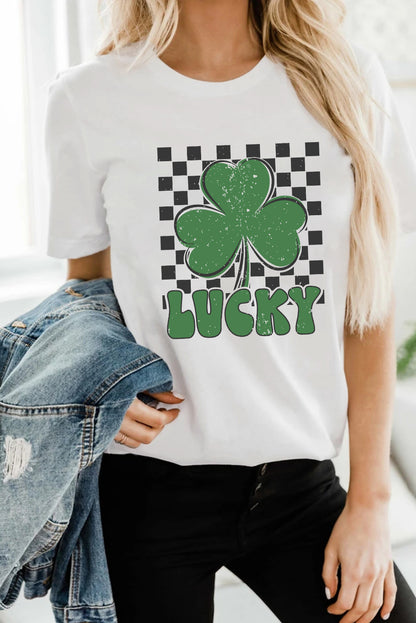 White Checker LUCKY Clover Printed St Patricks T Shirt