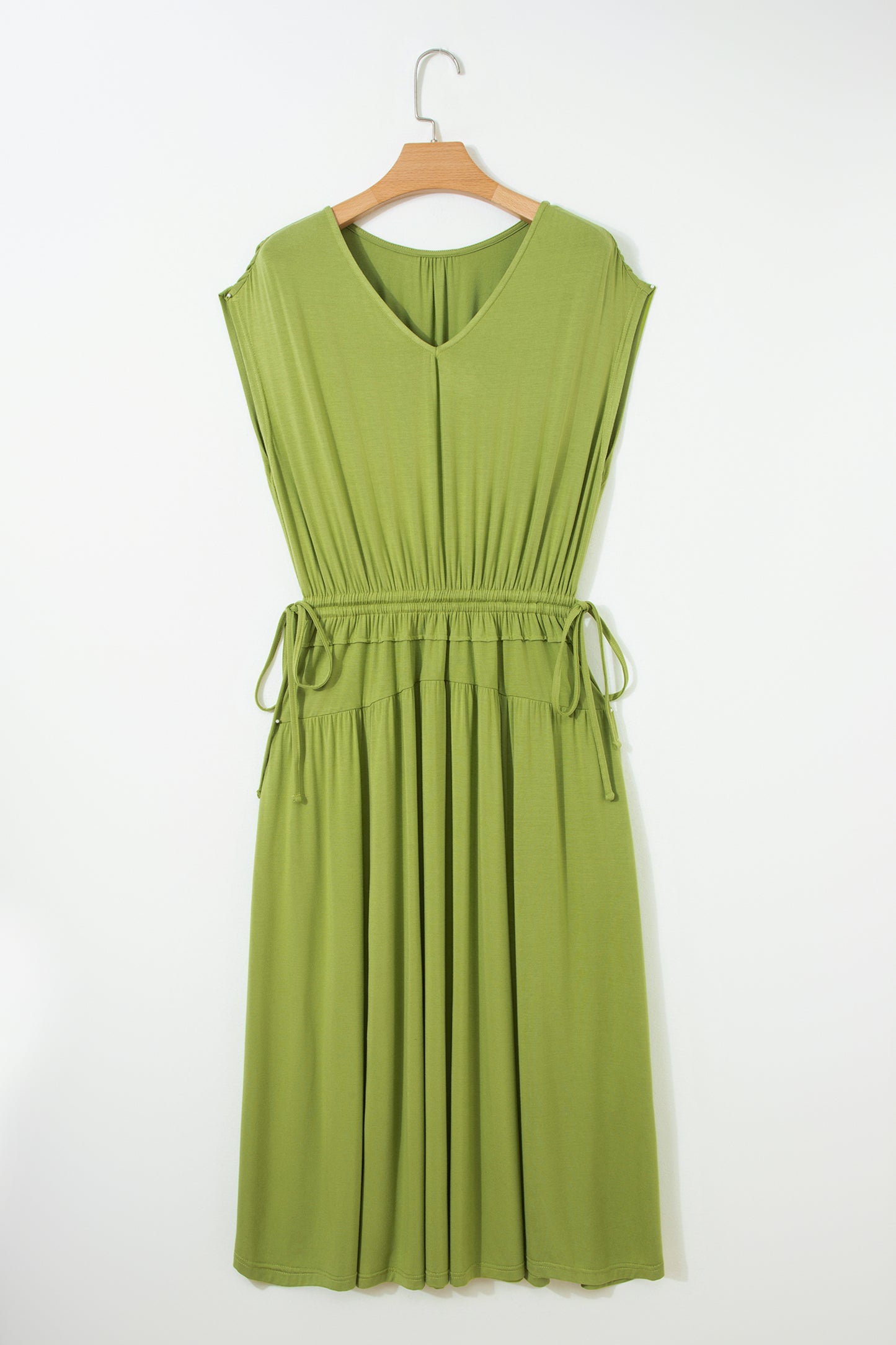 Fern Green Solid V Neck Cap Sleeve Tunic Elastic Waist Versatile Maxi Dress