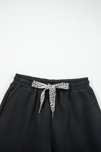 Black Fleece Lined Leopard Drawstring Elastic Waist Solid Pants