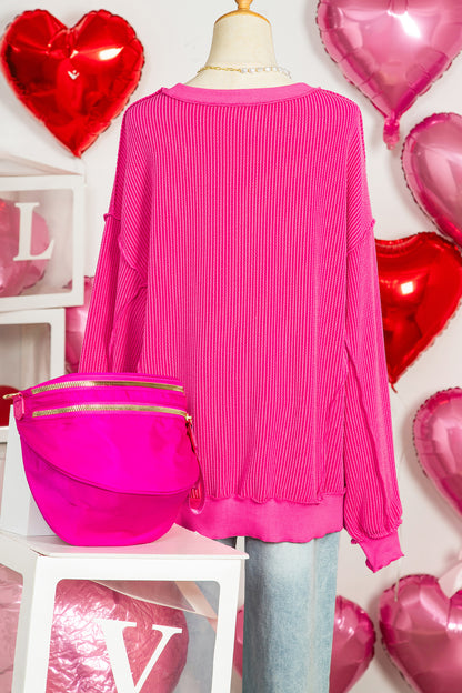 Strawberry Pink Twisted Ribbed Long Sleeve XOXO Bow Print Embroidered Patch Graphic Top