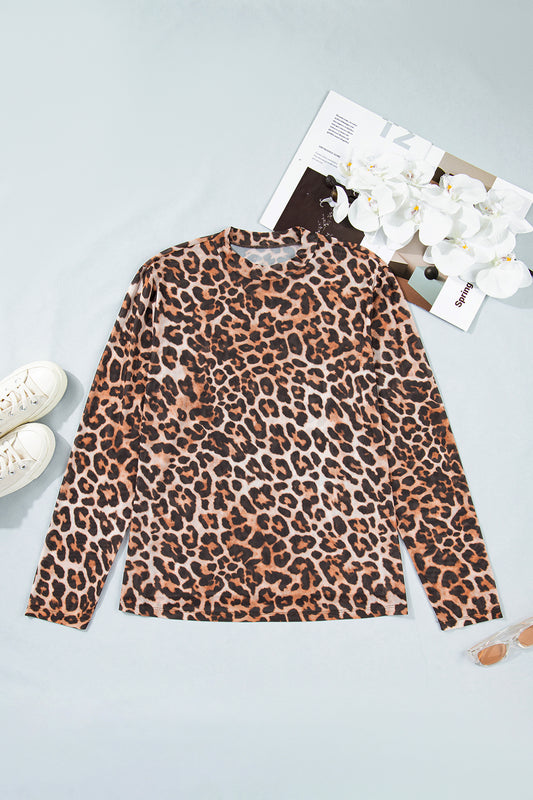 Brown Plus Size Mock Neck Leopard Mesh Top