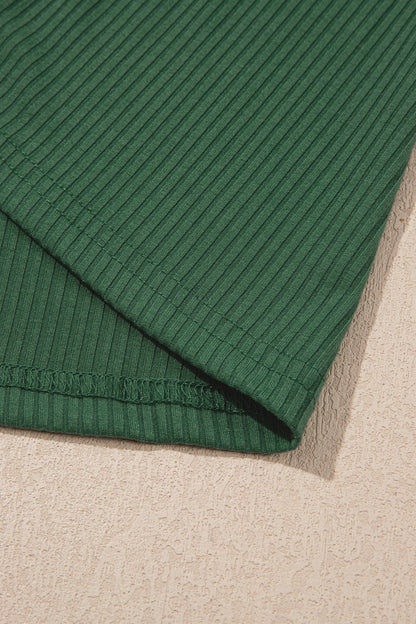 Jungle Green Solid Color Ribbed Ruffled Short Sleeve T Shirt