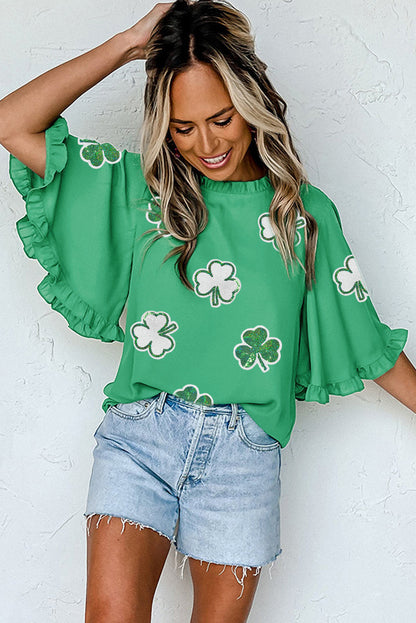 Green Sequin Clover Graphic Ruffled Trim Bell Sleeve St Patrick Blouse