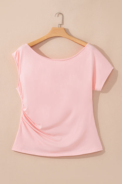 Gossamer Pink Plus Size Solid Color Asymmetric Neck Short Sleeve Blouse