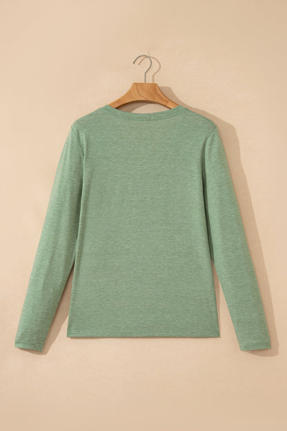 Grass Green Solid Color V Neck Long Sleeve Stretchy Top