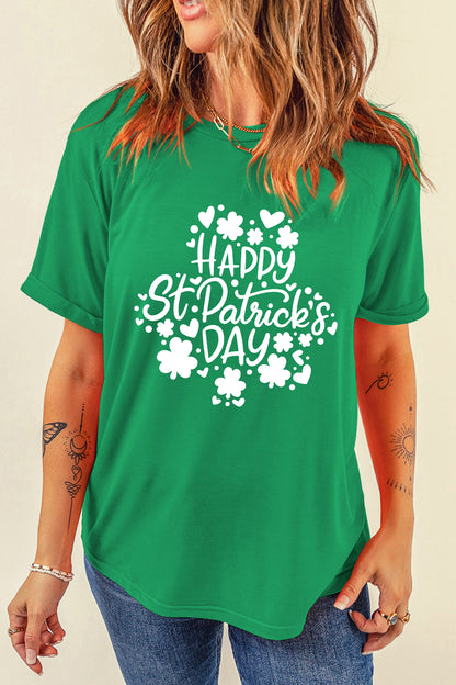Bright Green Happy St Patricks Day Clover Printed Casual T Shirt