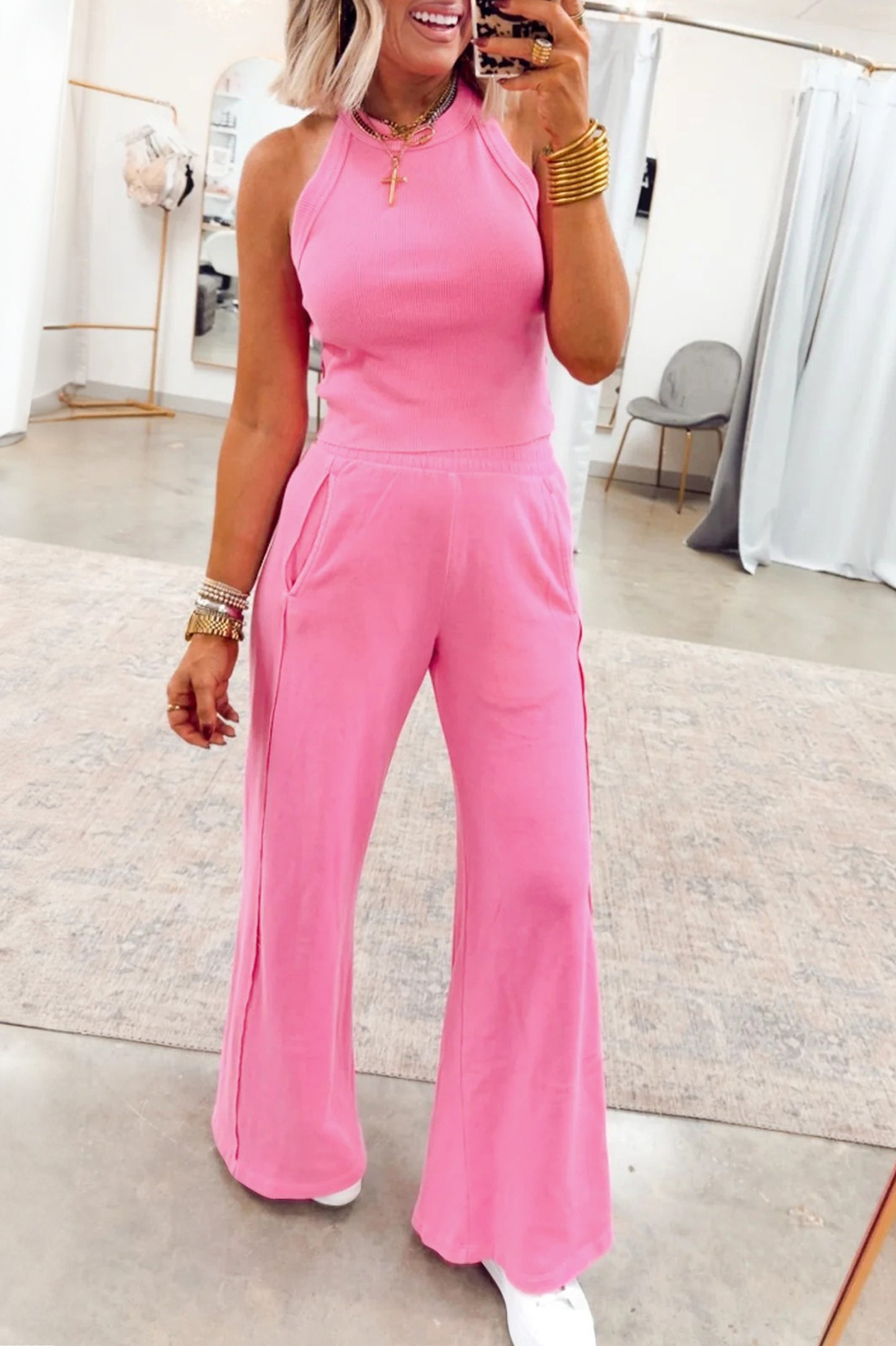 Sachet Pink Slim Ribbed Tank Top and Sweatpants Set
