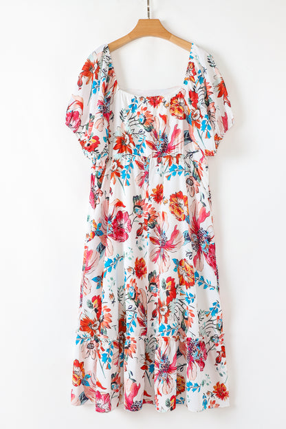 White Floral Square Neck Puff Sleeve Flowy Plus Size Midi Dress