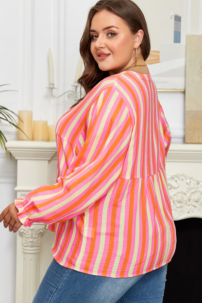 Pink Stripe Crinkled Half Buttons V Neck Plus Size Blouse