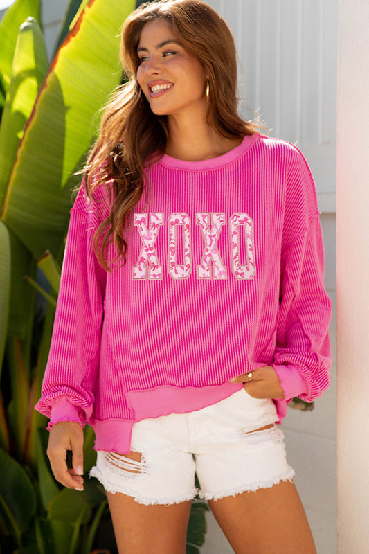 Strawberry Pink Twisted Ribbed Long Sleeve XOXO Bow Print Embroidered Patch Graphic Top