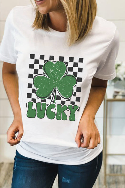 White Checker LUCKY Clover Printed St Patricks T Shirt