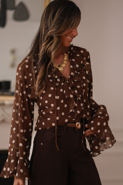 Coffee Polka Dot Print Ruffle Trim V Neck Long Bell Sleeve Blouse