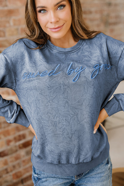 Sea Green saved by grace Letter Embroidery Mineral Wash Loose Sweatshirt
