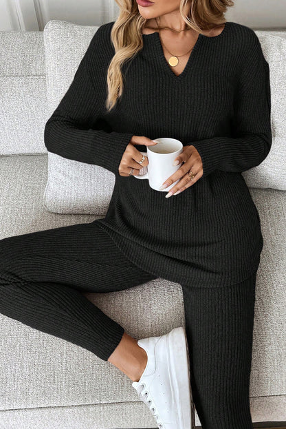 Grass Green Ribbed Notched Neck Knit Long Sleeve Leggings Two Pieces Lounge Set