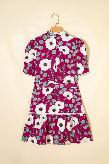Red Floral Print Trimmed Short Puff Sleeve Mini Dress with Belt