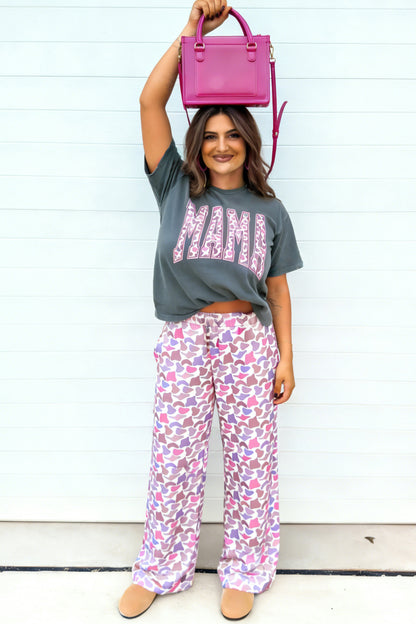 Medium Grey MAMA Letter Graphic Tee Camouflage Print Loose Pant Set