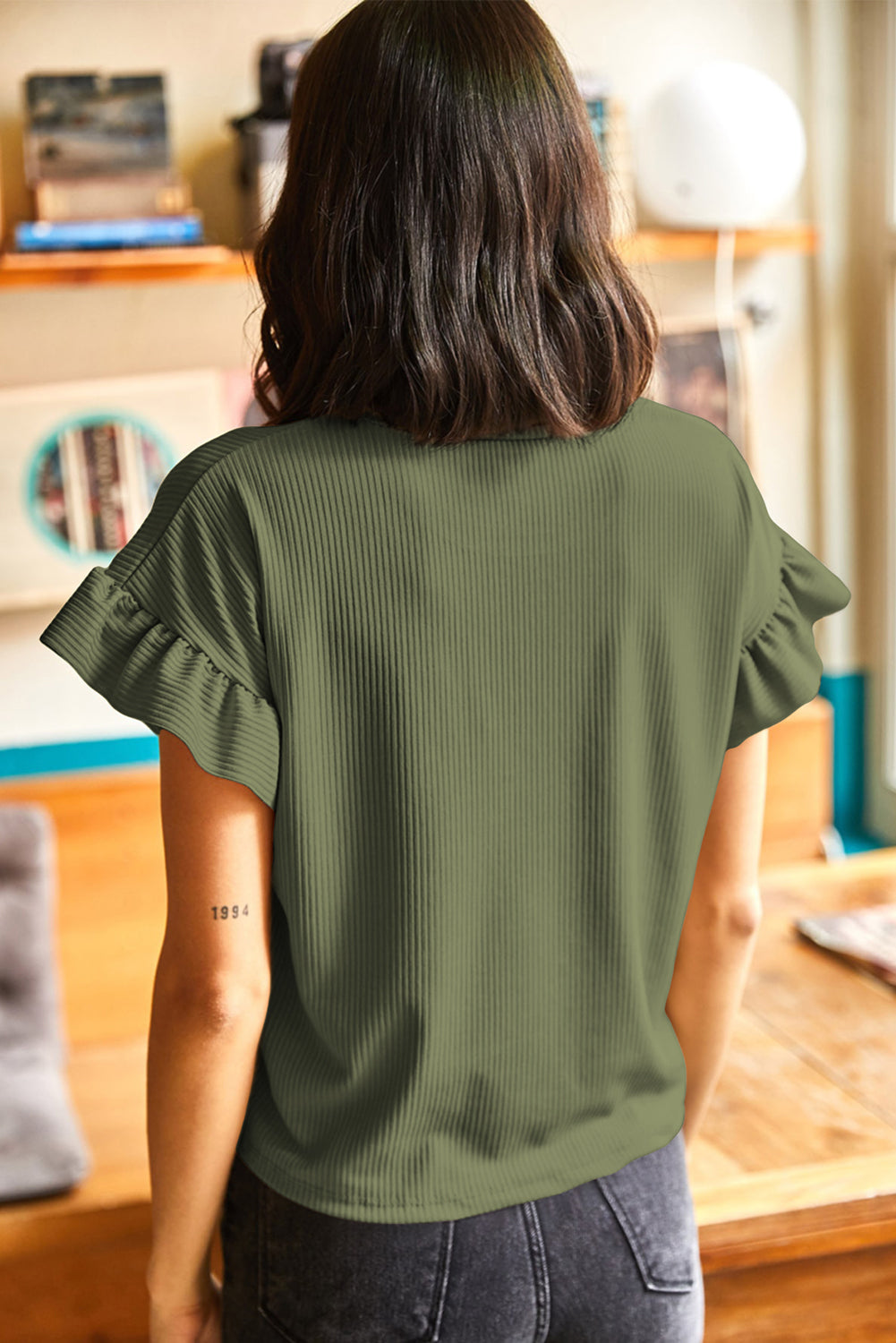 Jungle Green Solid Color Ribbed Ruffled Short Sleeve T Shirt