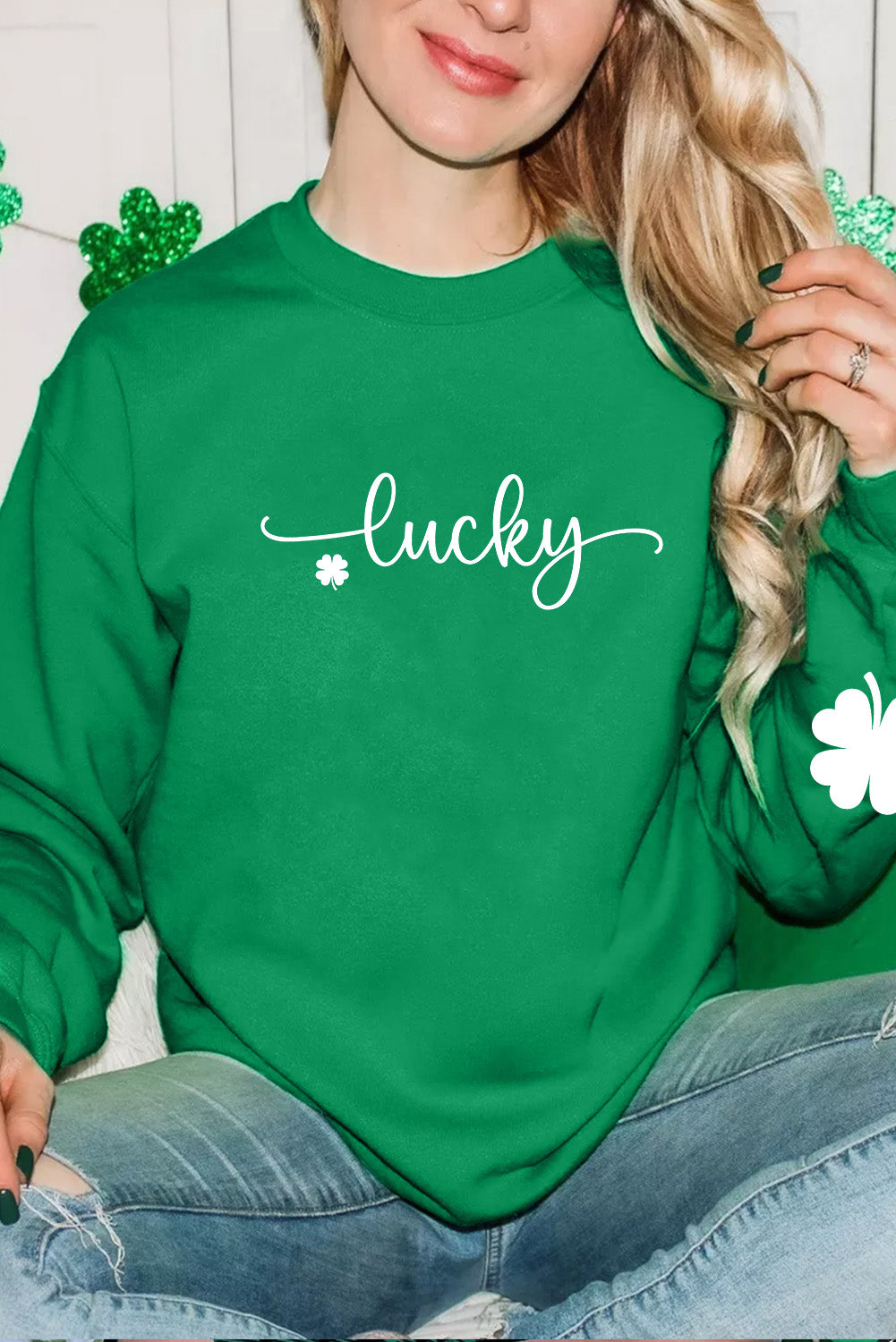 Dark Green Lucky Four Leaf Clover Graphic St Patricks Pullover Sweatshirt