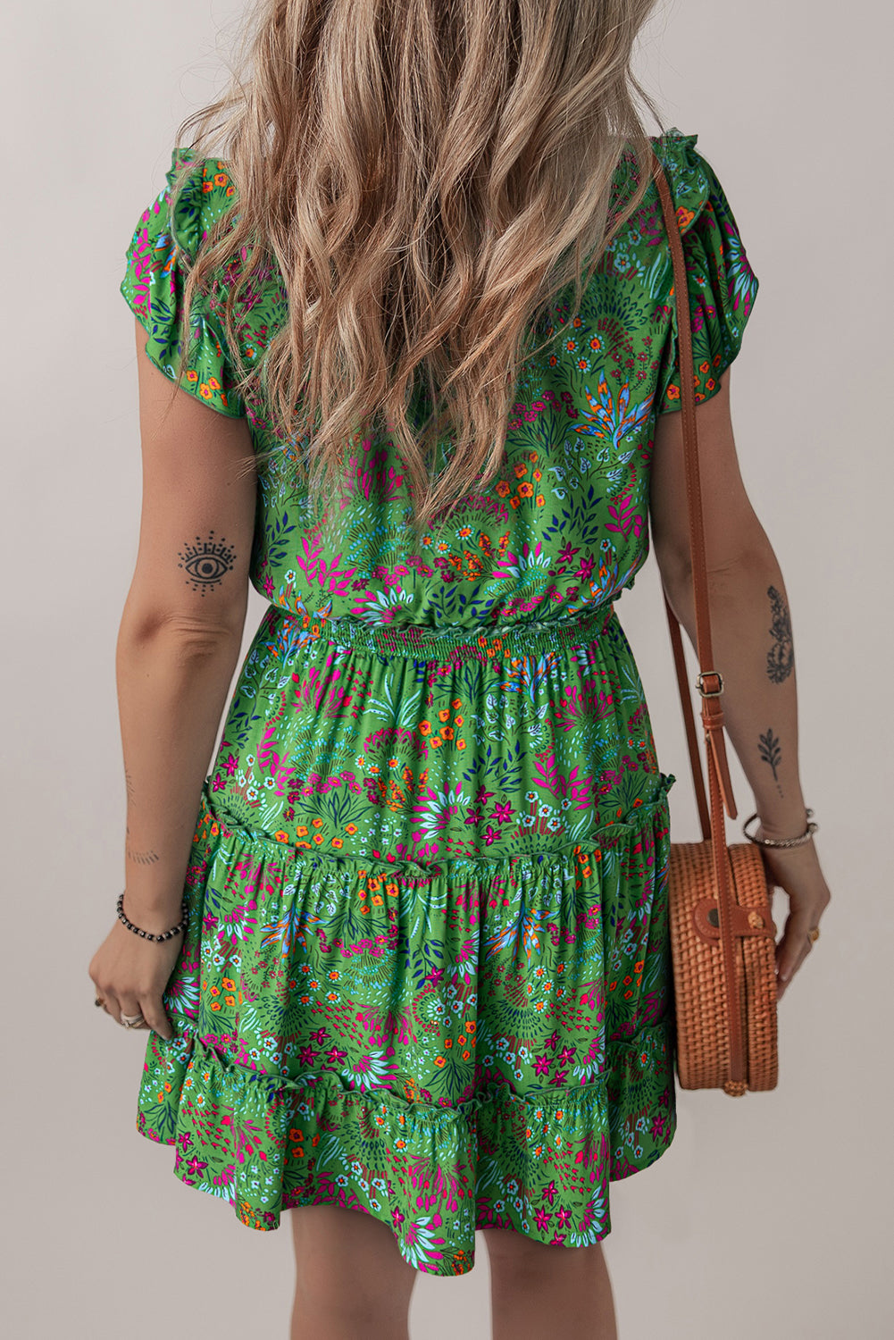 Green Floral Tie Split Neck Frilly Ruffle Trim Tiered Short Dress