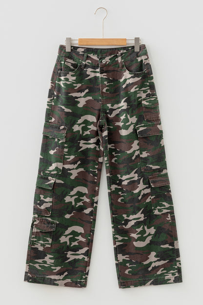 Green Camo Denim Cargo Wide Leg Pants