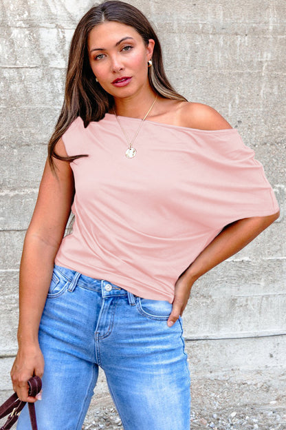 Gossamer Pink Plus Size Solid Color Asymmetric Neck Short Sleeve Blouse
