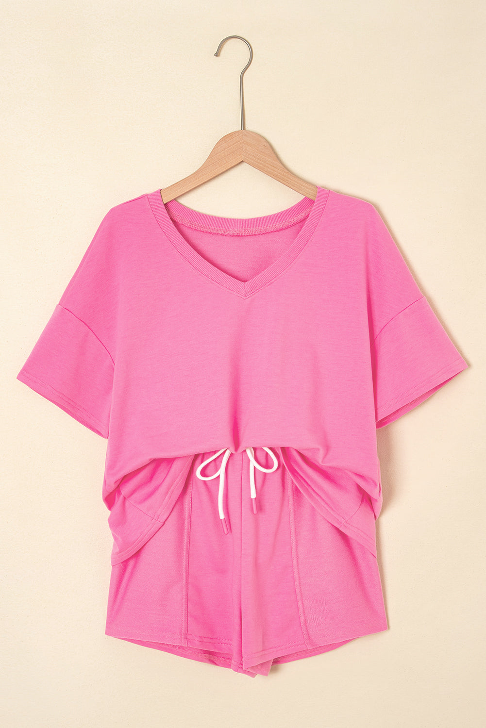 Bonbon V Neck Drop Shoulder Tee and Patchwork Drawstring Elastic Waistband Shorts Set