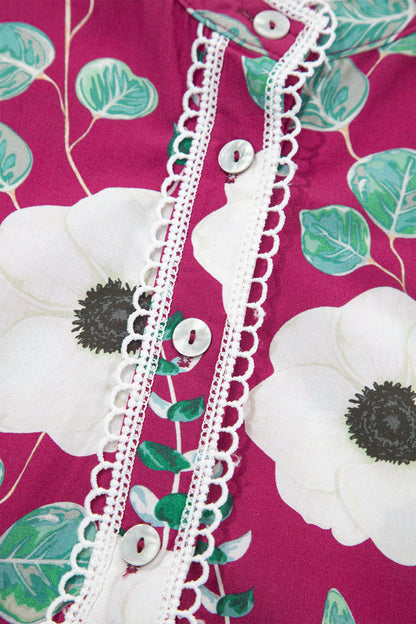 Red Floral Print Trimmed Short Puff Sleeve Mini Dress with Belt