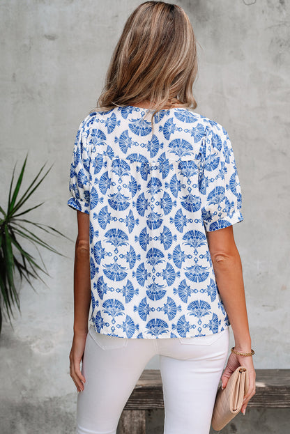 Sky Blue Geometric Print Tassel Drawstring V Neck Blouse