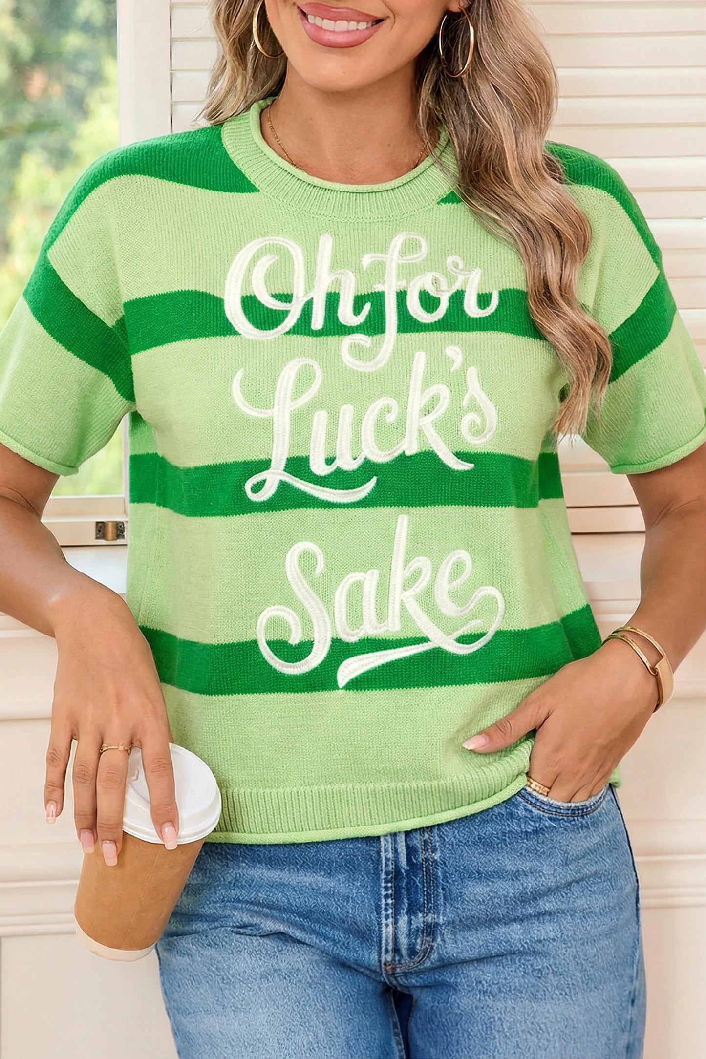Green Stripe Oh for Lucks Sake St Patricks Day Short Sleeve Sweater