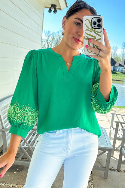 Green Contrast Floral Embroidered 3/4 Sleeve Notched V Neck Elegant Blouse
