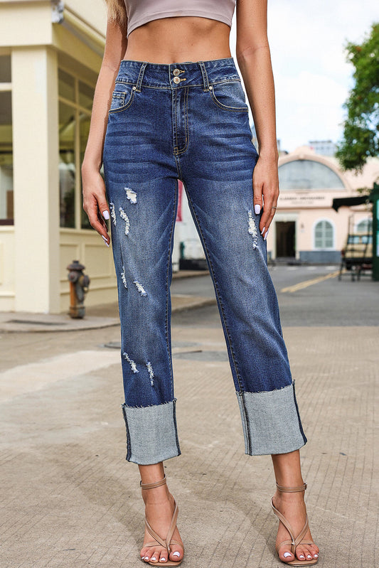 High Waist Distressed Straight Leg Jeans