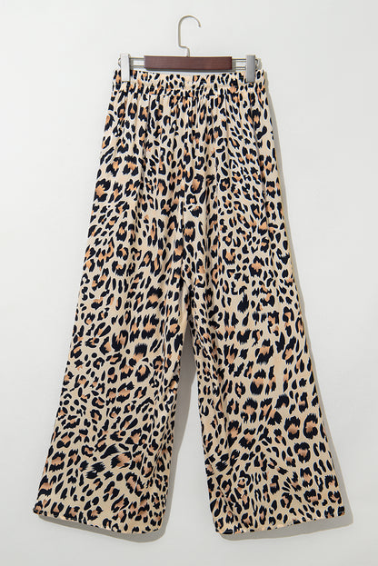Parchment Leopard Drawstring Elastic Waistband Flowy Wide Leg Pants