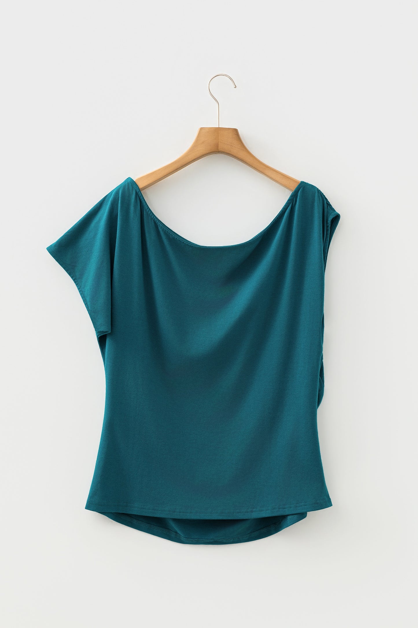Blue Sapphire Plus Size Solid Color Asymmetric Neck Short Sleeve Blouse