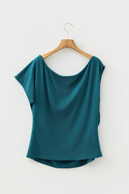 Blue Sapphire Plus Size Solid Color Asymmetric Neck Short Sleeve Blouse
