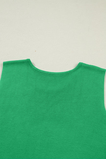 Bright Green Side Button Round Neck Knit Sleeveless Sweater
