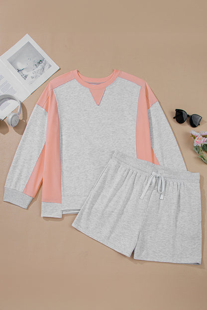 Light Grey Uneven Hem Colorblock Pullover Casual Shorts Plus Size 2pcs Outfit
