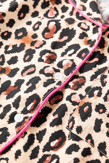 Light French Beige Leopard Print Contrast Trim Long Sleeve Shirt Drawstring Ruffle Hem Short Set