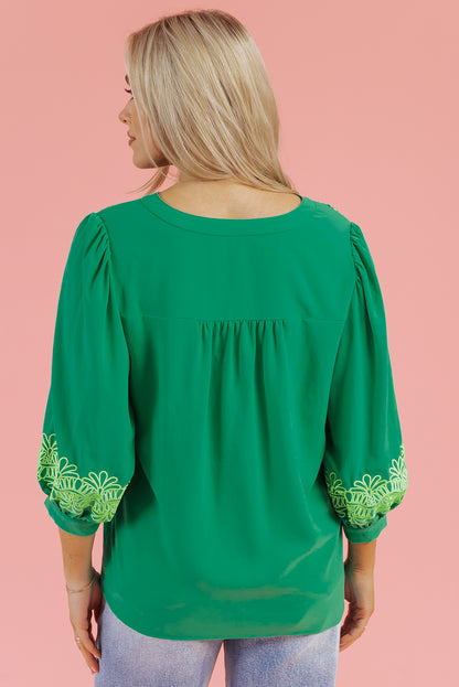 Green Contrast Floral Embroidered 3/4 Sleeve Notched V Neck Elegant Blouse