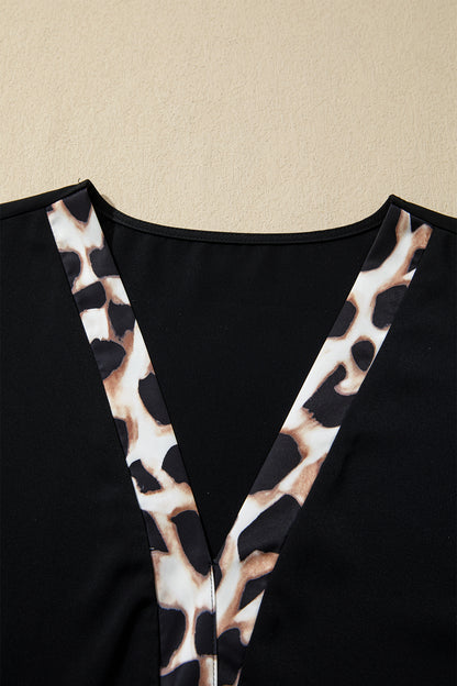 Black Plus Size Leopard Patchwork V Neck 3/4 Sleeve Ruffle Hem Mini Dress