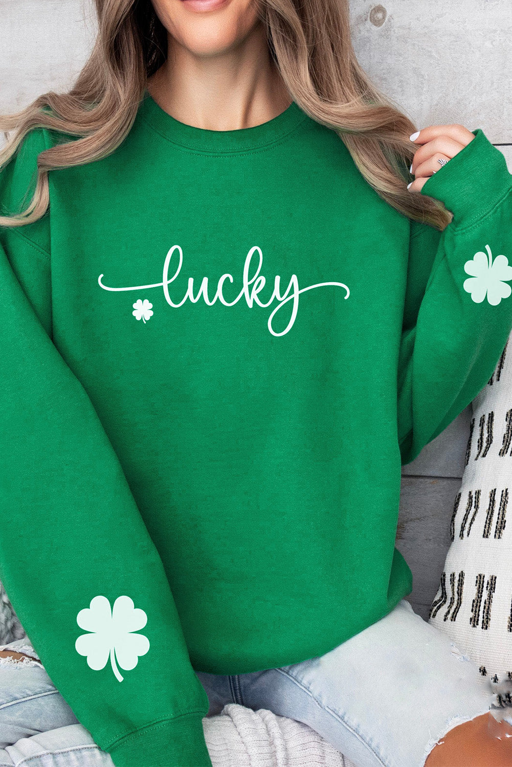 Dark Green Lucky Four Leaf Clover Graphic St Patricks Pullover Sweatshirt