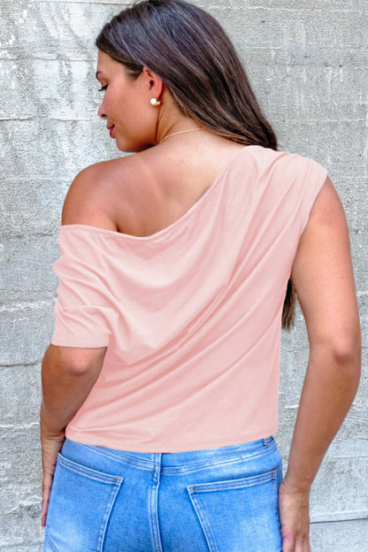 Gossamer Pink Plus Size Solid Color Asymmetric Neck Short Sleeve Blouse