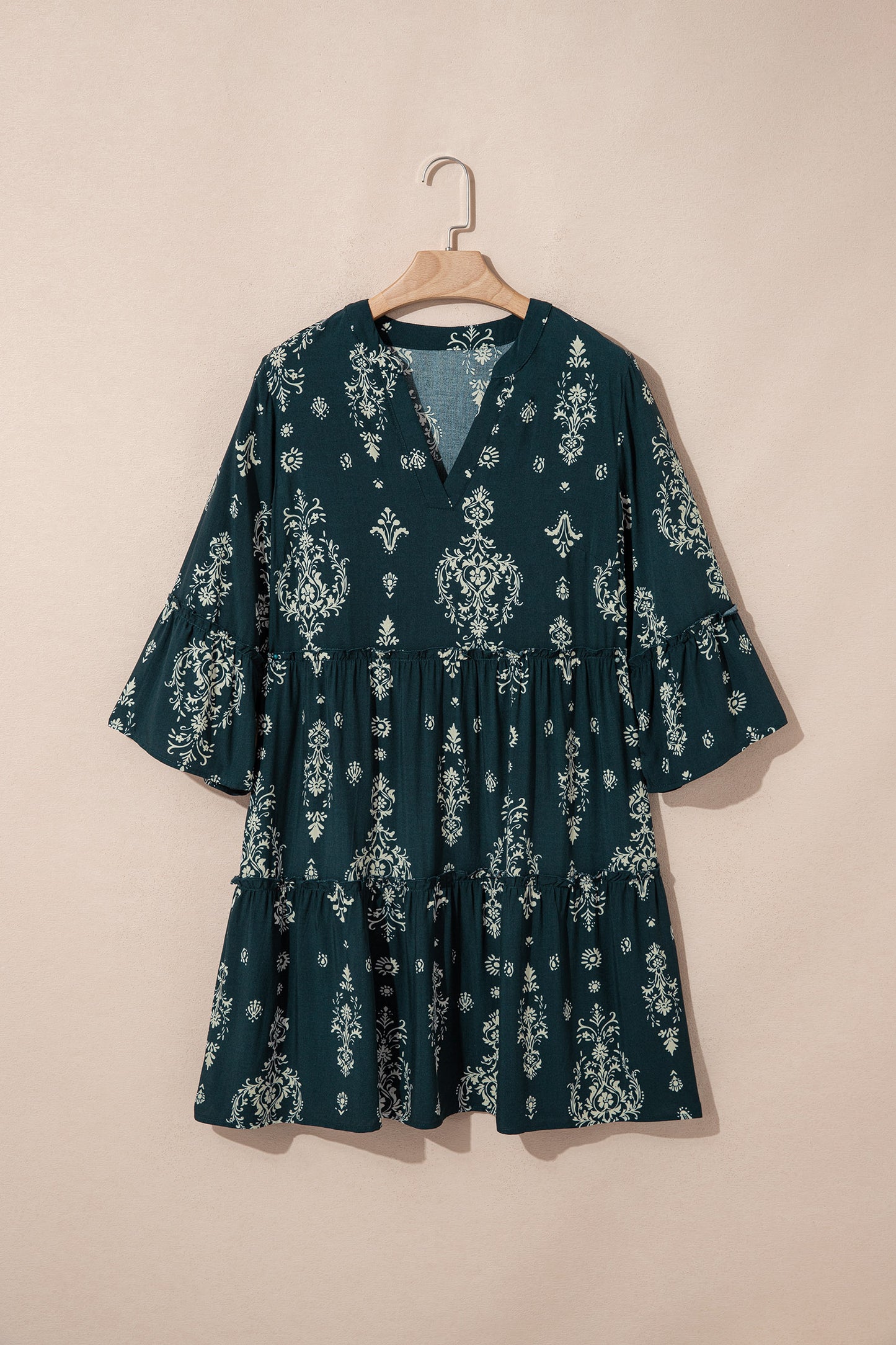 Blue Boho Floral Print Lettuce Trim 3/4 Sleeve Mini Dress