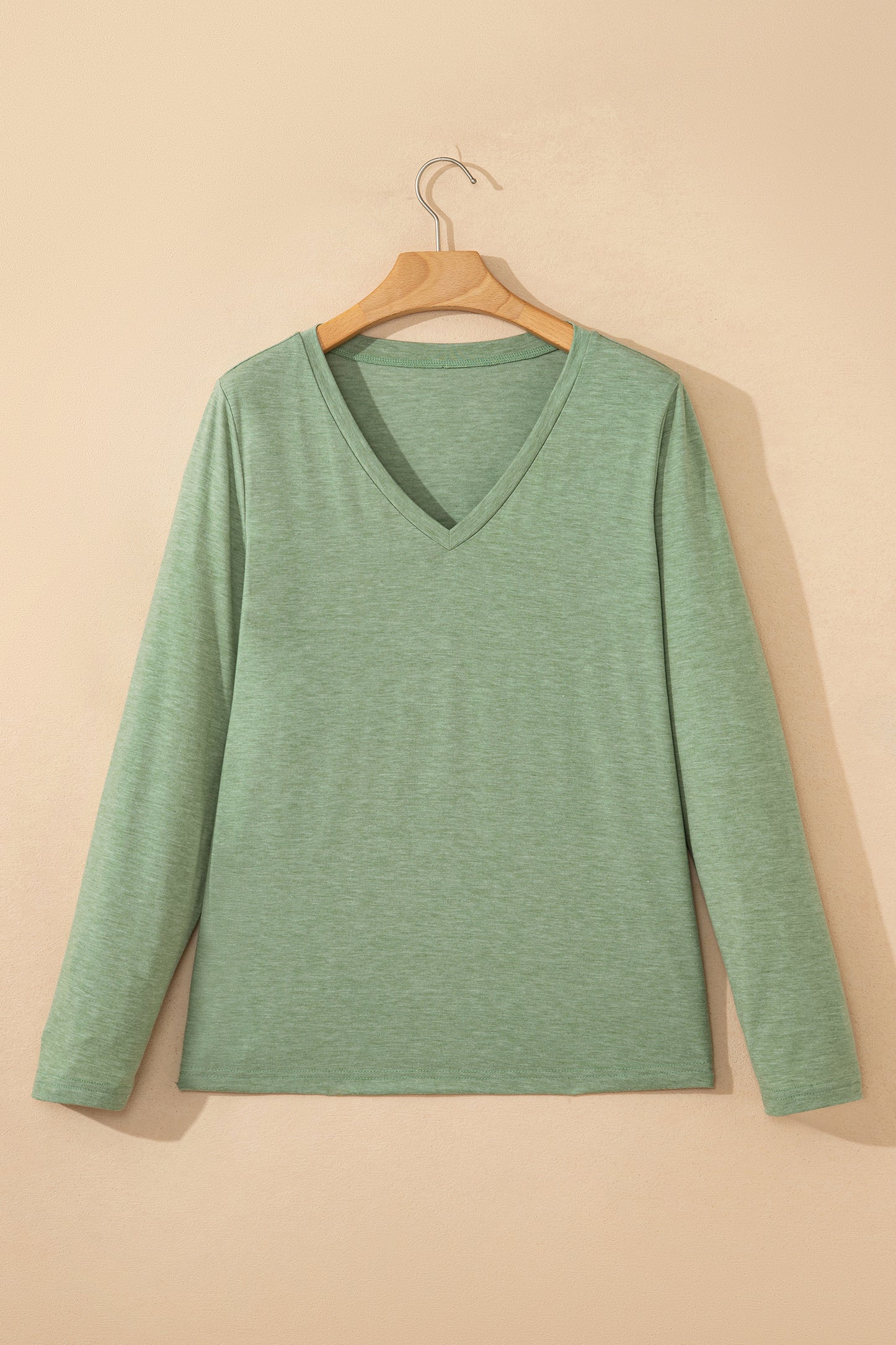 Grass Green Solid Color V Neck Long Sleeve Stretchy Top