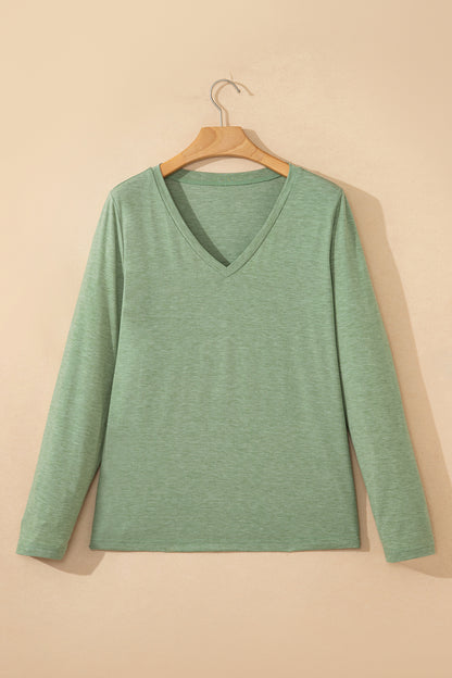Grass Green Solid Color V Neck Long Sleeve Stretchy Top