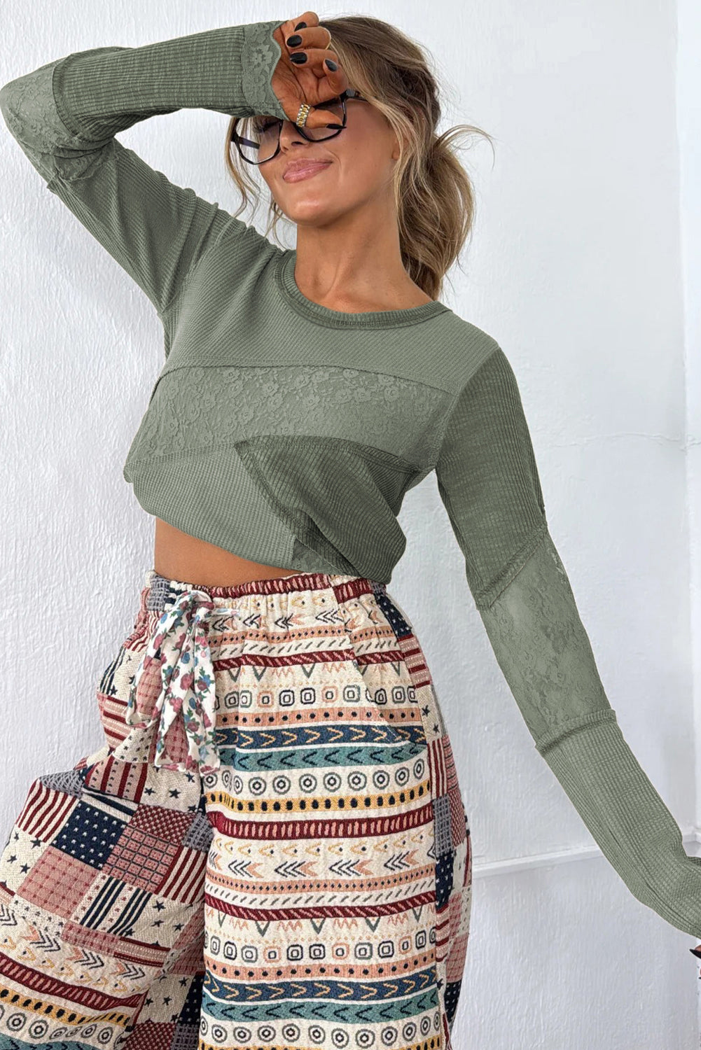 Sage Green Solid Color Waffle Ribbed Lace Patchwork Long Sleeve Top