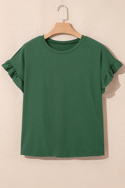 Jungle Green Solid Color Ribbed Ruffled Short Sleeve T Shirt
