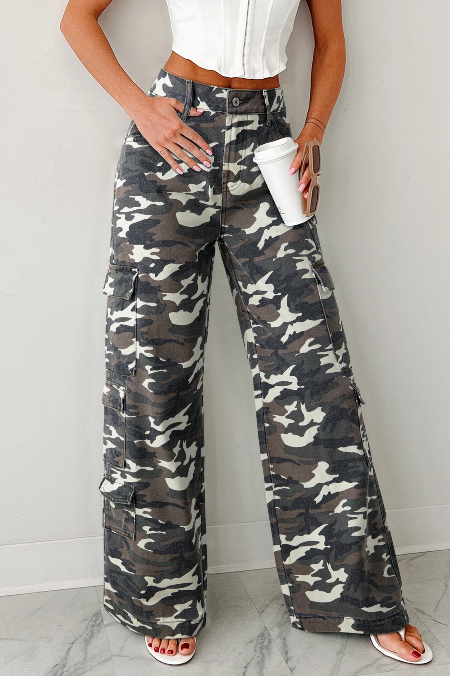 Green Camo Cargo Wide Leg Pants