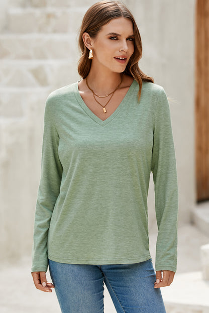 Grass Green Solid Color V Neck Long Sleeve Stretchy Top