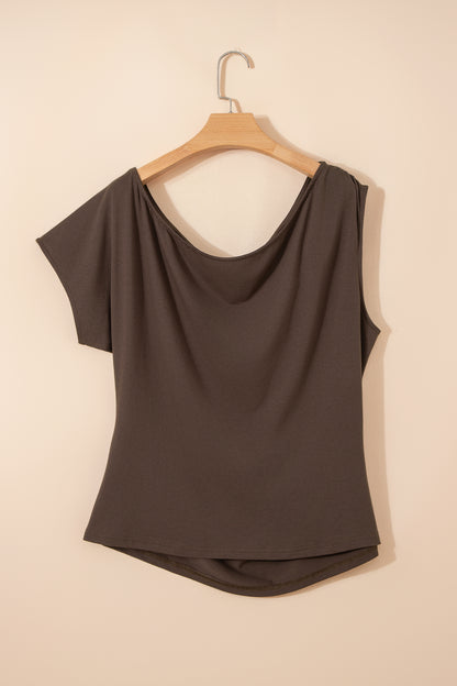 Coffee Plus Size Solid Color Asymmetric Neck Short Sleeve Blouse